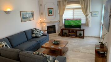 TV connectée, cheminée, livres