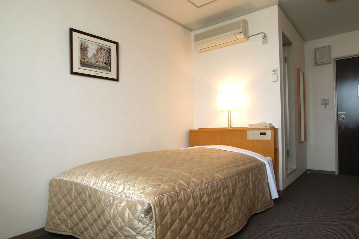 A hotel room with a bed, an air conditioner, a nightstand, a lamp, and a framed picture on the wall.