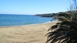 A beach with clear blue water, sandy shore, and palm trees. - Luxury villa, heated pool, panoramic sea view, air conditionin (Roquebrune-Sur-Argens)