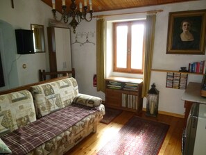 Fernseher, Kamin, Bücher, Musikbibliothek