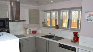 A modern kitchen with stainless steel appliances, a double sink, and a window with lace curtains. - Center Alsace, house 2 to 5 pers. Between Colmar and Strasbourg. Exceptional view (Neubois)