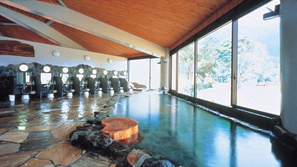 A spa with a stone floor, a hot tub, and large windows. - Yakushima Iwasaki Hotel (Yakushima)