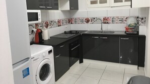 A compact kitchen with a washing machine, a microwave, and a sink. - Maginifique T2 seasonal rental (SAINT ESPRIT)