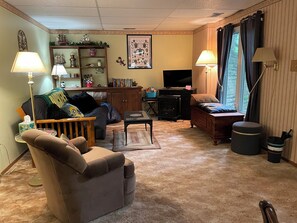 Smart TV, fireplace, books