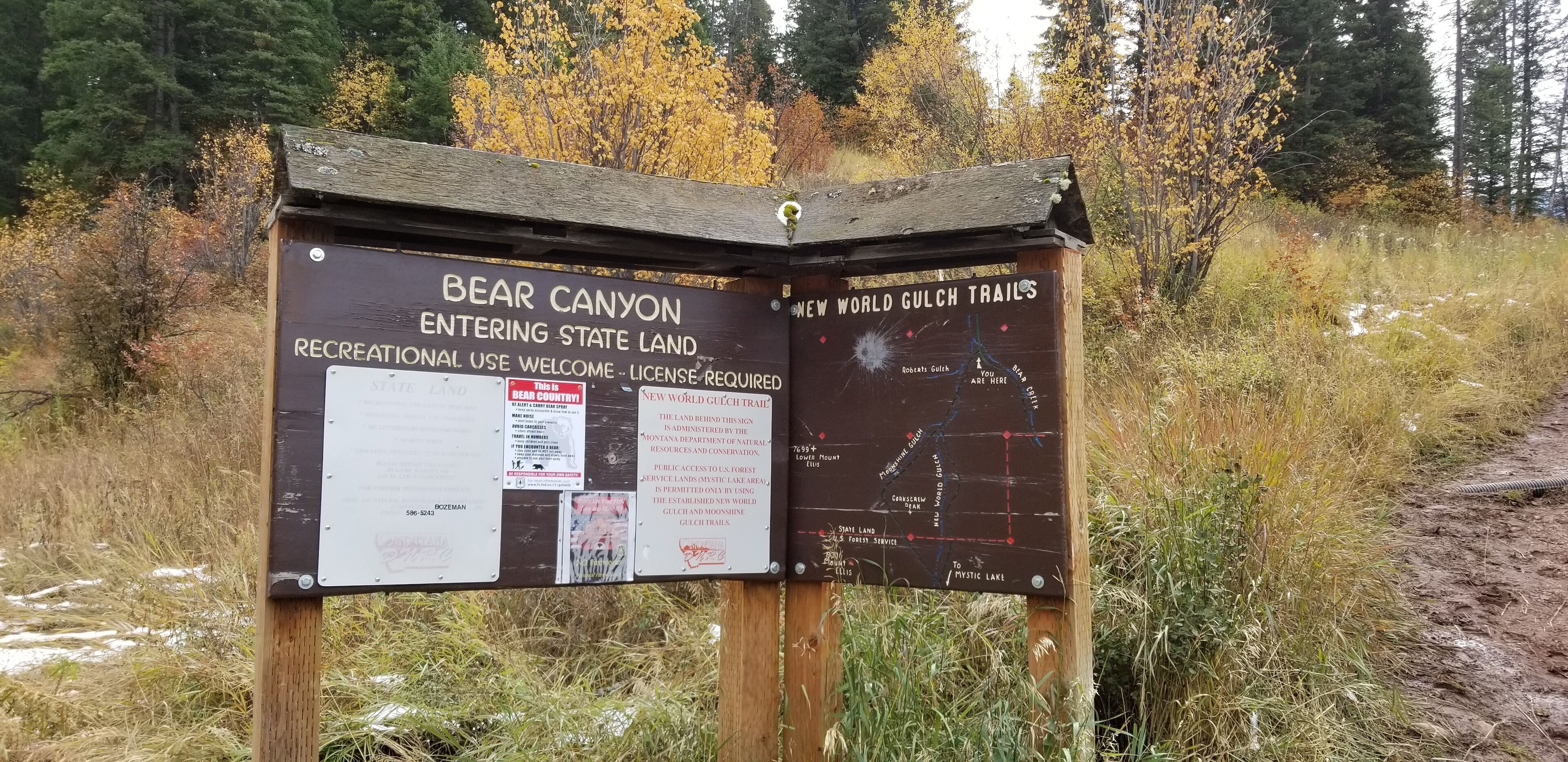 Un cartello in legno con indicazioni sui sentieri di Bear Canyon e New World Gulch.