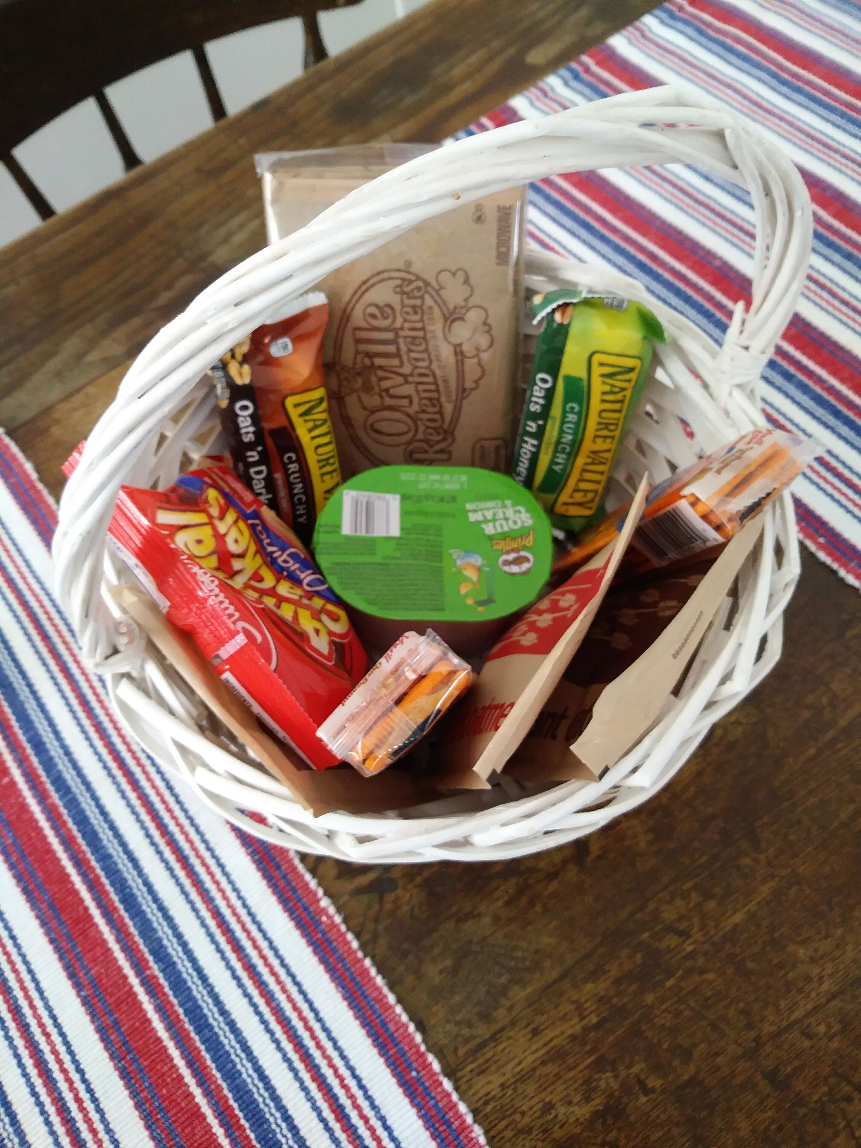 Uma cesta de vime cheia de diversos alimentos, incluindo lanches e produtos embalados, sobre uma superfície com tecido listrado.