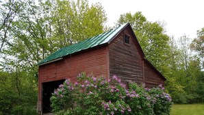 Une grange en bois surmontée d’un toit vert, entourée d’une végétation luxuriante et de fleurs en pleine floraison.