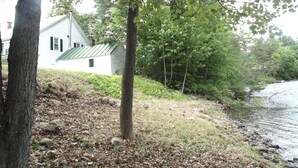 Une maison avec un toit végétalisé, entourée d’arbres et bordée par une rivière.
