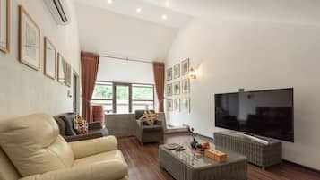 Penthouse Deluxe, 3 habitaciones, hidromasaje, vista al río | Área de sala de estar | Televisión de pantalla plana