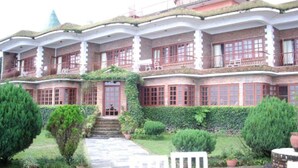 A multi-story building with a curved roof, large windows, and a garden with potted plants. - Niva Niwa Lodge (Baluwapati Deupur)