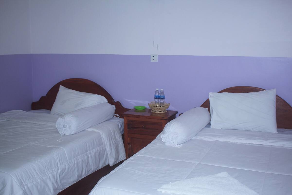 Een hotelkamer met twee eenpersoonsbedden, een houten nachtkastje met een mand en flessen, en een witte muur met een stopcontact.