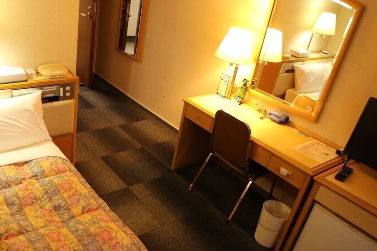 A hotel room with a bed, a desk, a chair, a telephone, a mirror, and a waste bin.