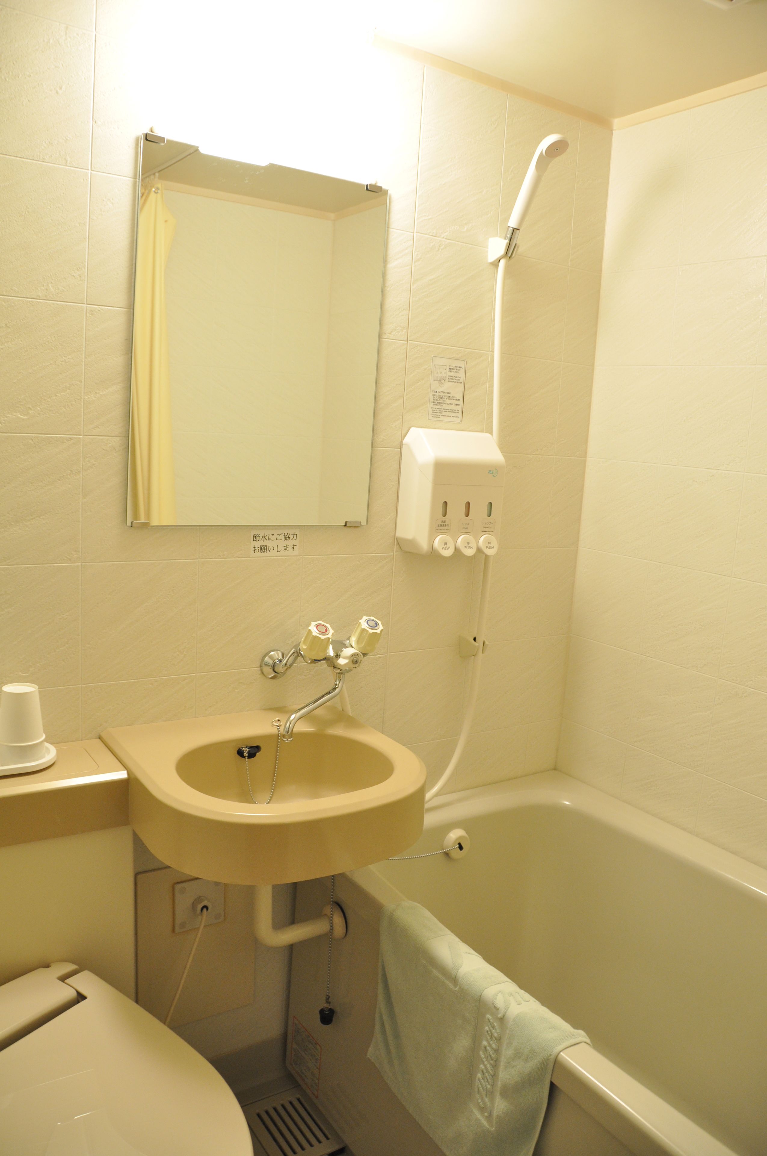 combined shower/bathtub, free toiletries, hair dryer, slippers