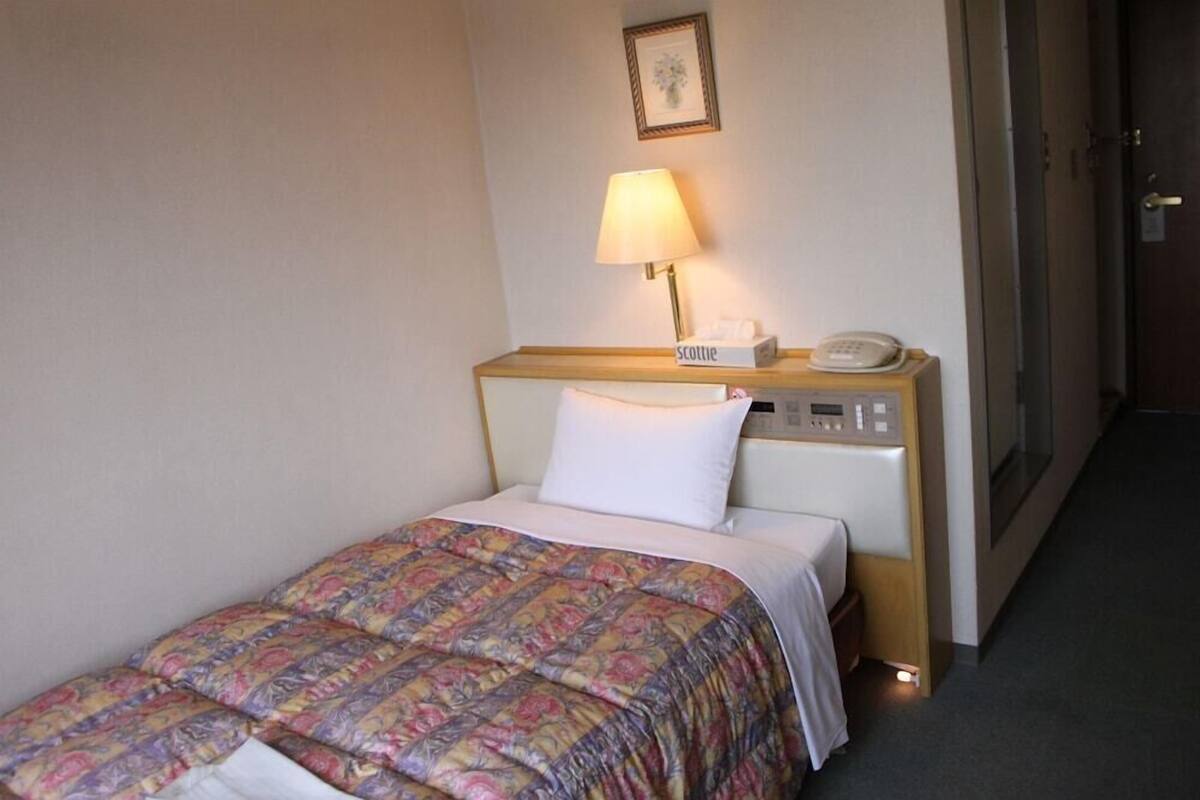 A hotel room with a bed, a bedside lamp, a telephone, and a framed picture on the wall.