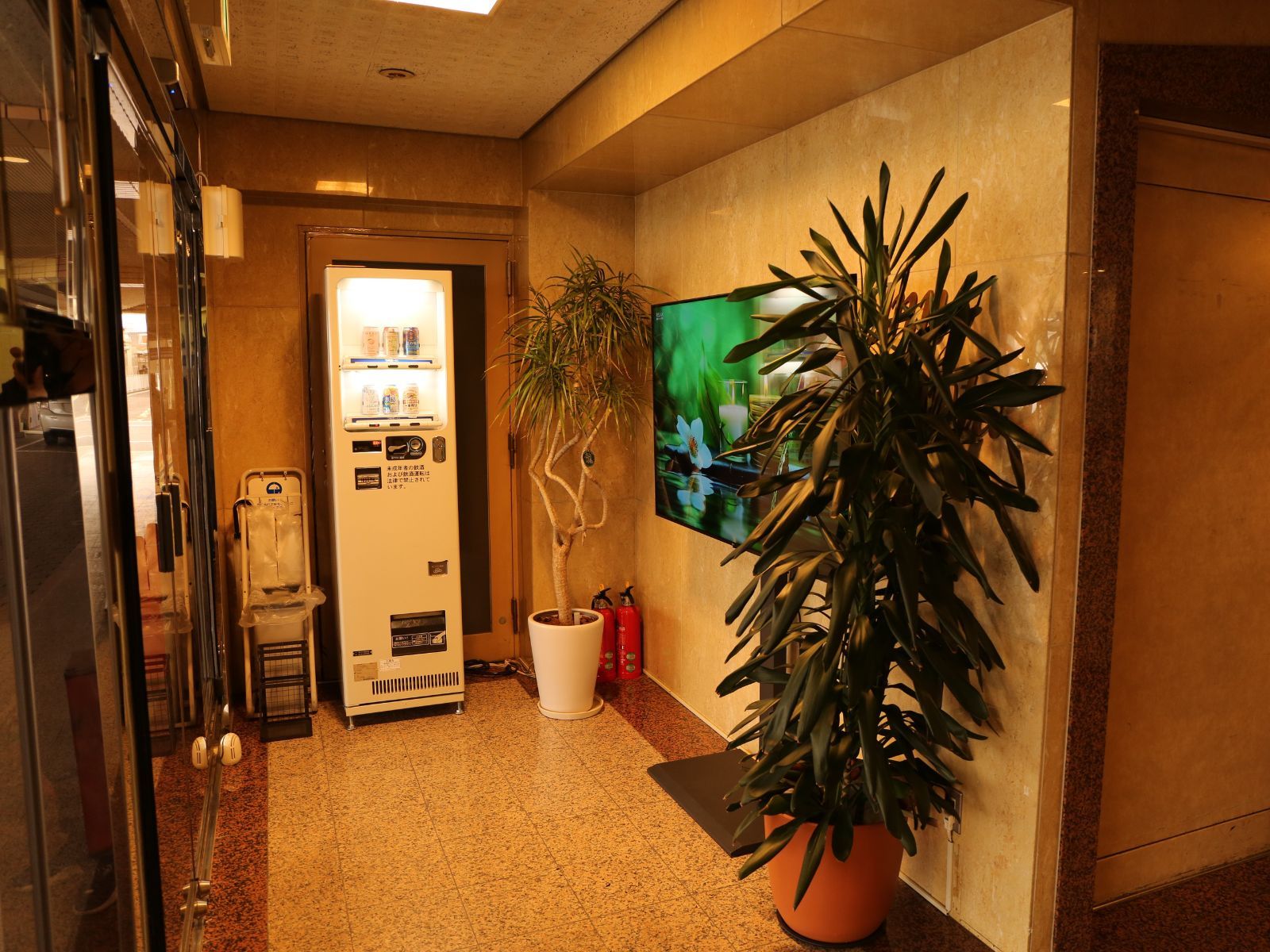 Un vestíbulo de hotel con una máquina expendedora, una planta en maceta y una pantalla de televisión.