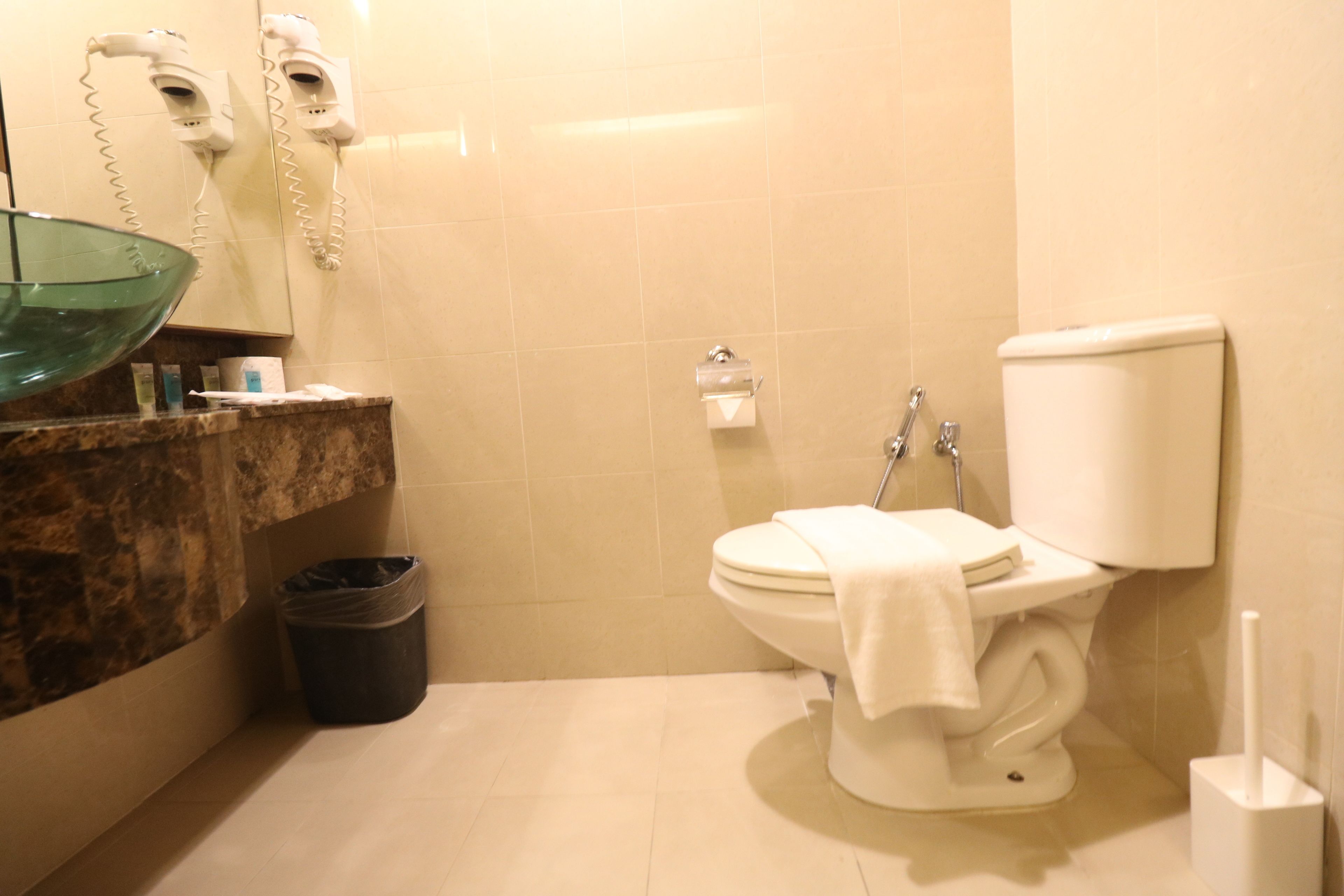 Ein Badezimmer mit Toilette, einem Waschbecken aus Glas, einem Mülleimer und einem Handtuchhalter.