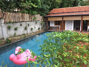 Outdoor pool, pool umbrellas, pool loungers