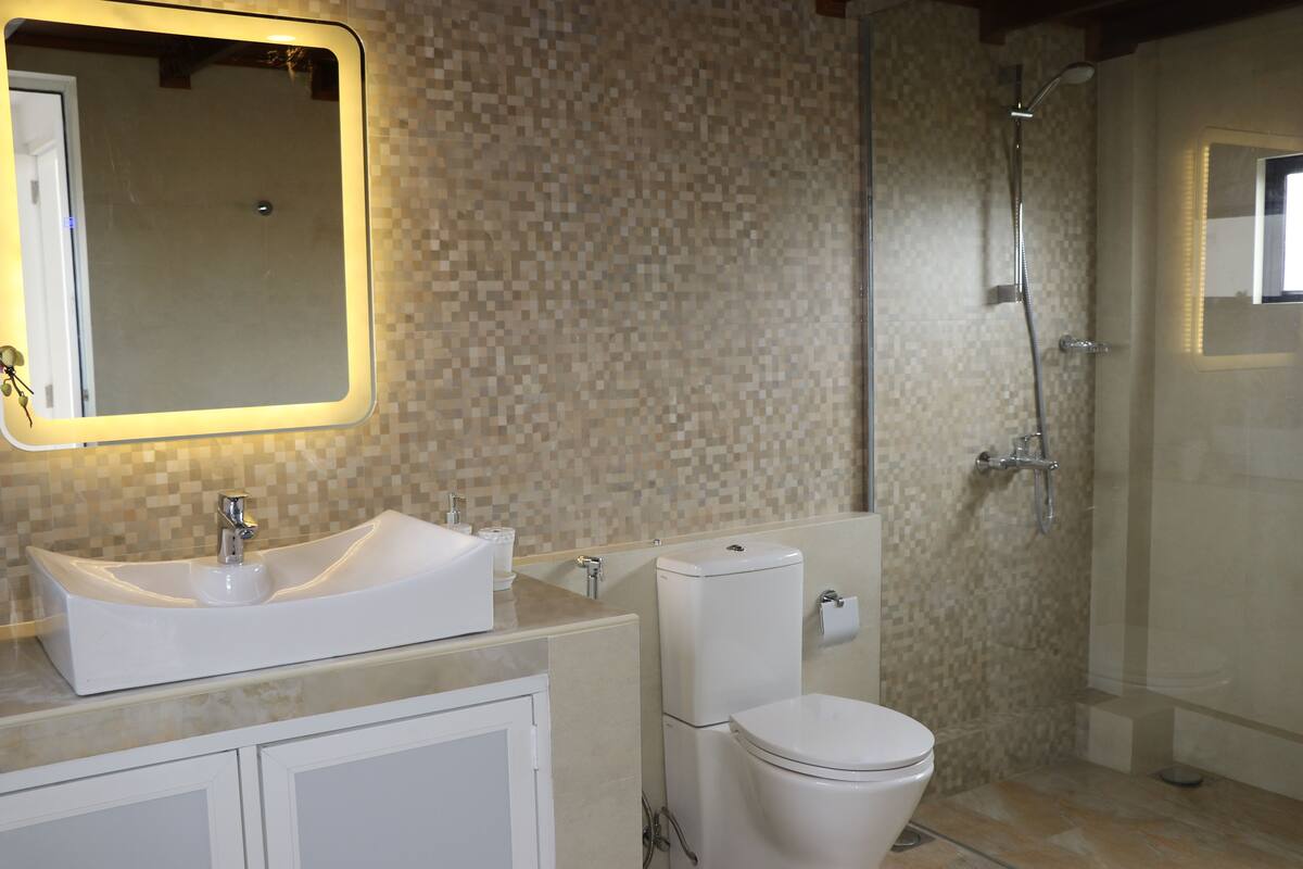 Un baño con lavamanos, inodoro y ducha.