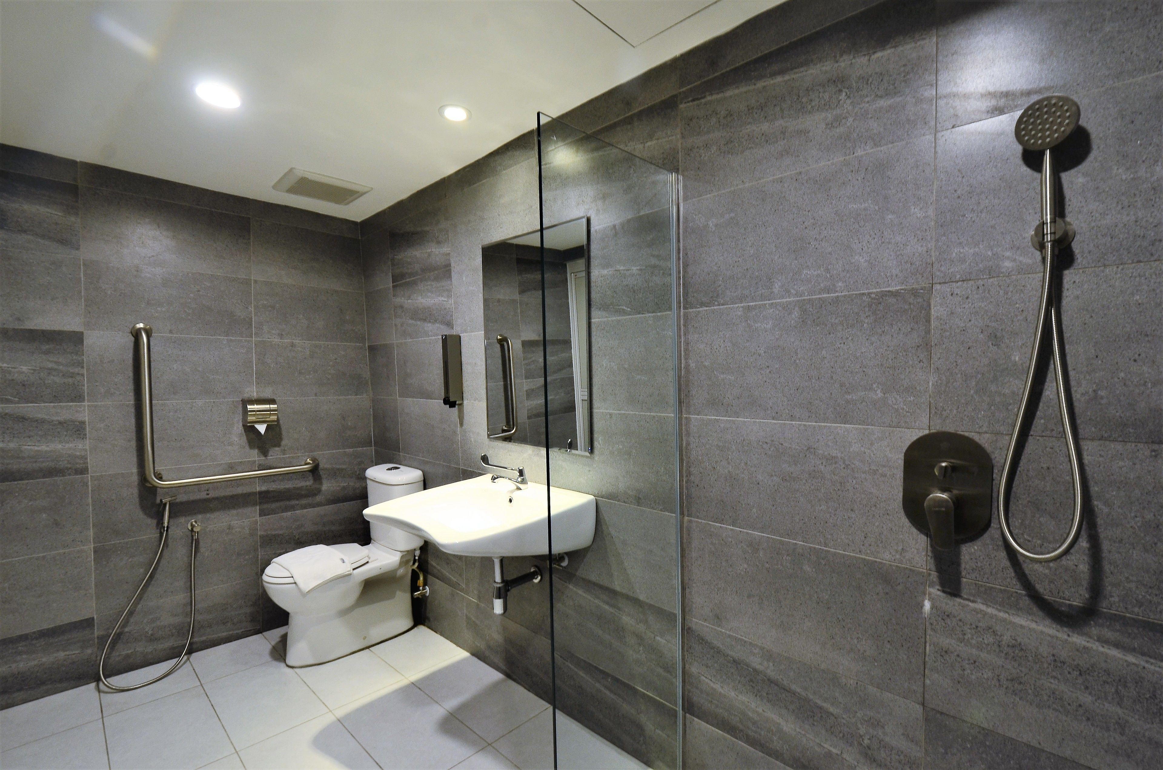 A modern bathroom with a glass shower enclosure, a white sink, and a toilet.