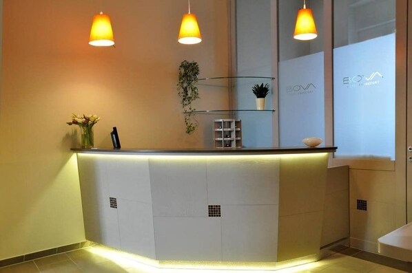 Zona de recepción con mostrador, tres lámparas colgantes, una planta en maceta y una vitrina de vidrio.