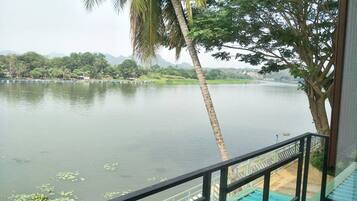 A view of a lake with a palm tree and a bridge.