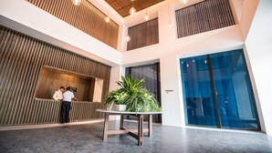Um lobby moderno com uma mesa de recepção, um arranjo de plantas e uma grande porta de vidro.