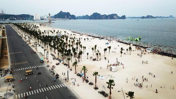 A beach with a road parallel to the shore, lined with palm trees and a view of the sea and distant mountains. - Ha Long Seoul Hotel (Bai Chay)