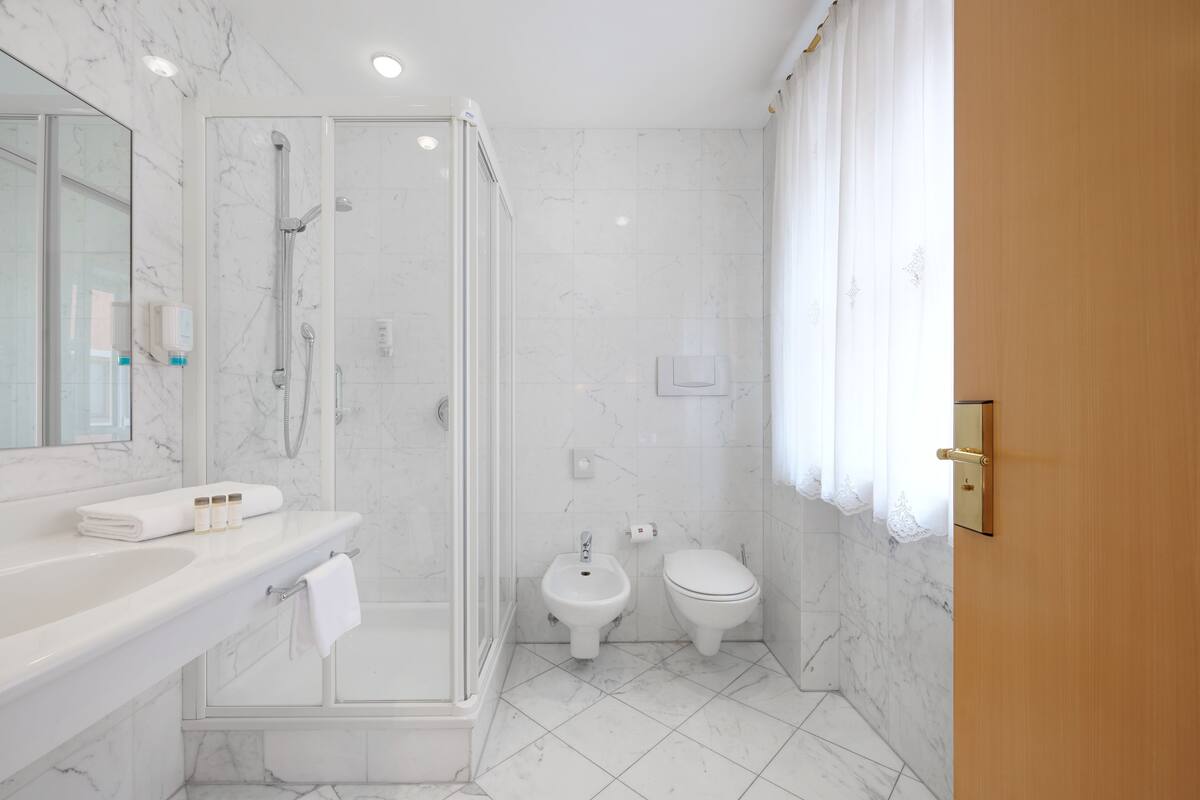 free toiletries, hair dryer, bidet, towels