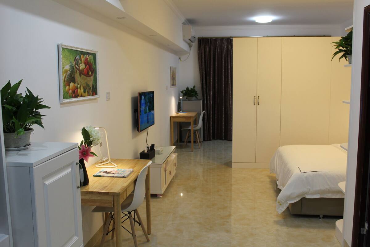 A hotel room with a bed, a desk with a chair, a television, a wardrobe, and a potted plant.