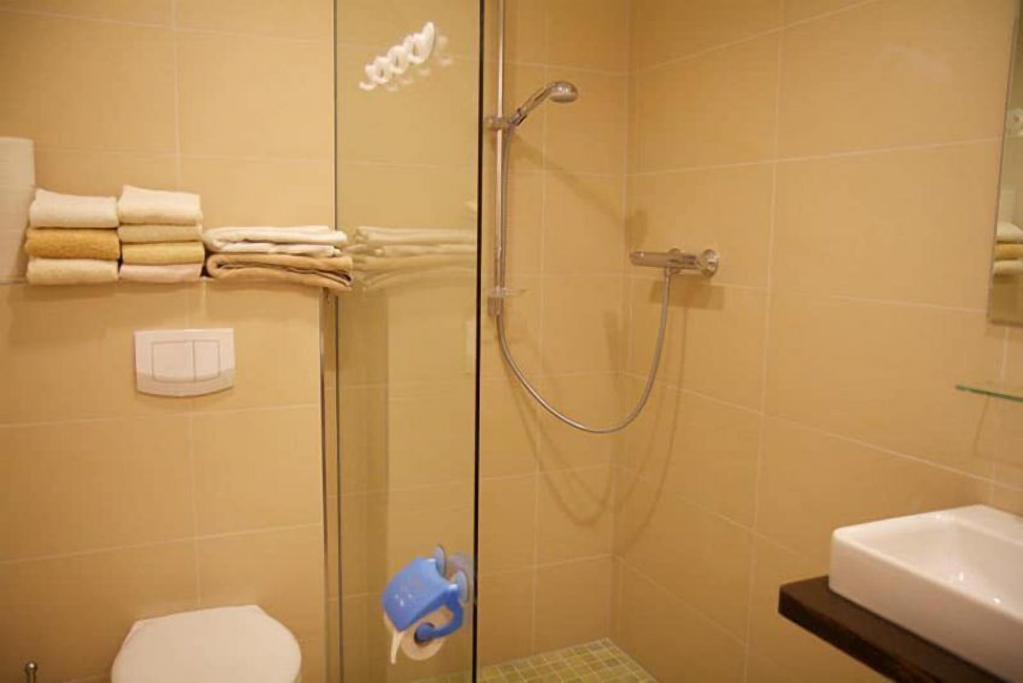 Ein Badezimmer mit Duschkabine, Toilette und Waschbecken.