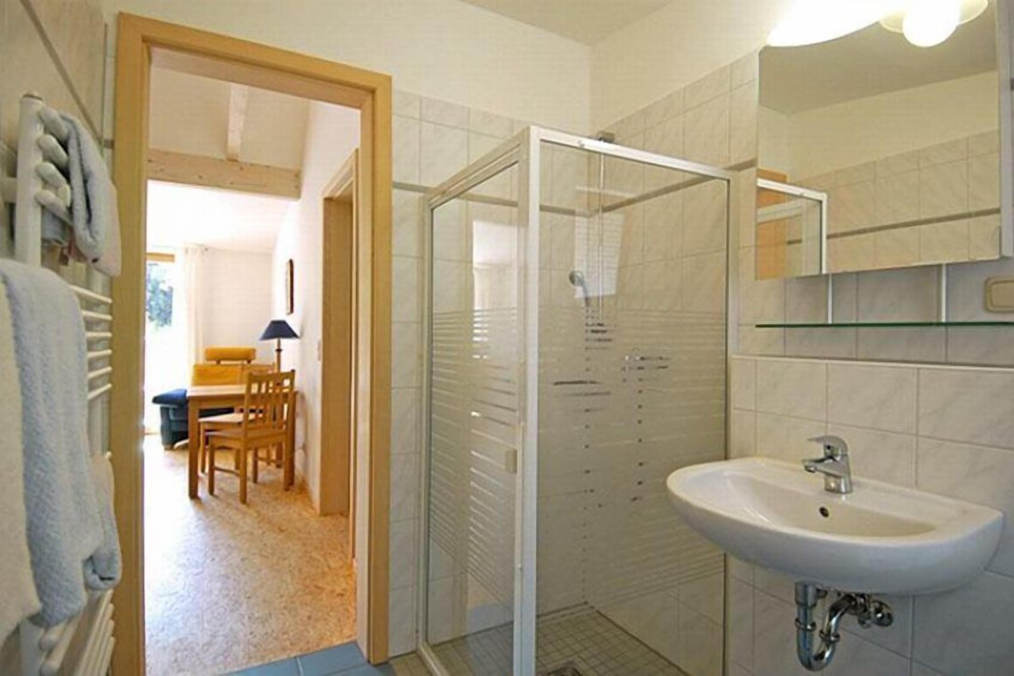 Baño con cabina de ducha de vidrio, lavamanos y espejo. Hay una puerta que da a un comedor con mesa y sillas.
