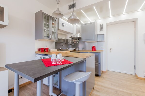 Großer Kühlschrank, Mikrowelle, Herdplatte, Geschirrspüler