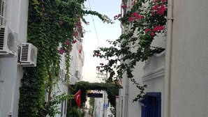 A narrow street with white buildings, air conditioning units, and a blue door. - Durak Hotel (Bodrum)