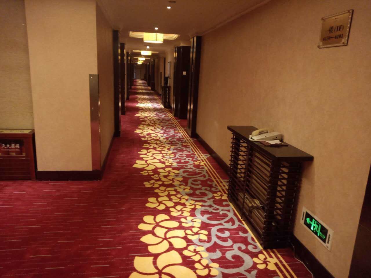 Un couloir d’hôtel avec un tapis rouge orné de motifs floraux, un comptoir de réception et un panneau indiquant la direction de l’ascenseur.