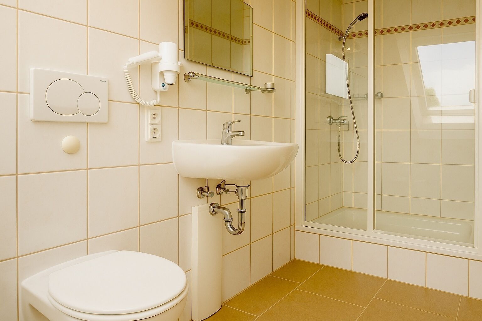 A bathroom with a toilet, sink, and shower.