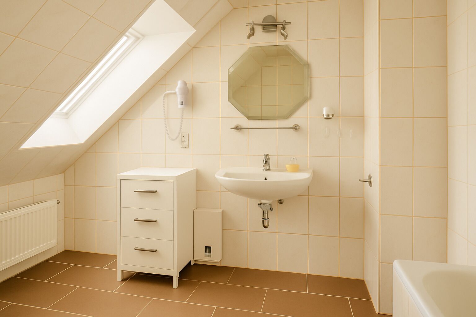 Une salle de bain avec un puits de lumière, un meuble blanc, un lavabo et une baignoire.