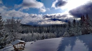 A snow-covered landscape with a wooden bench and a clear view of a forest and mountains in the background. - Hotel Traumblick (Oberhof)