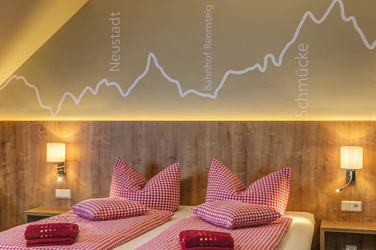 Ein Hotelzimmer mit zwei Betten, karierten Bettbezügen, Holzwänden und einer Decke mit Berglandschaft-Motiv.