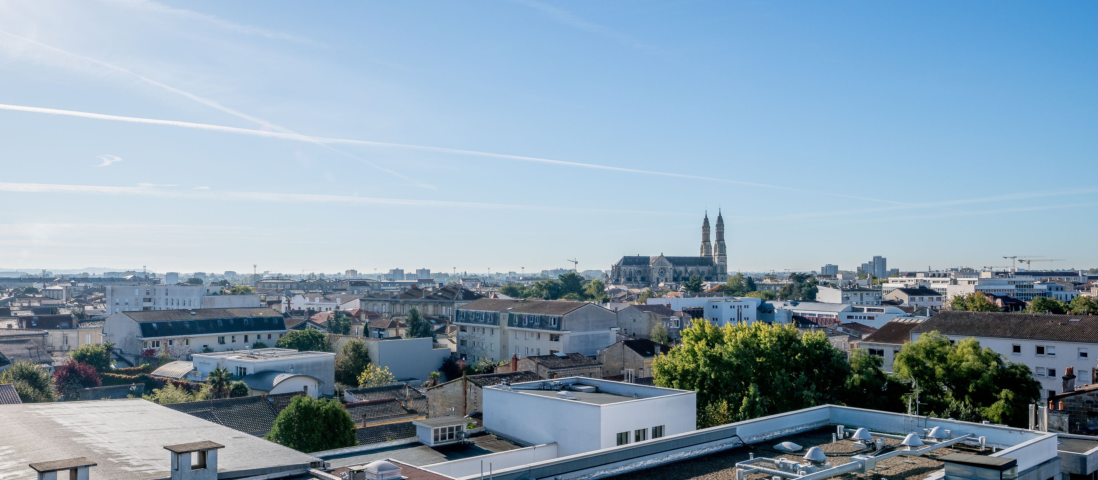 Un paisaje urbano con una catedral destacada al fondo, rodeado de edificios residenciales y vegetación.