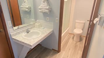 Combined shower/bathtub, free toiletries, towels