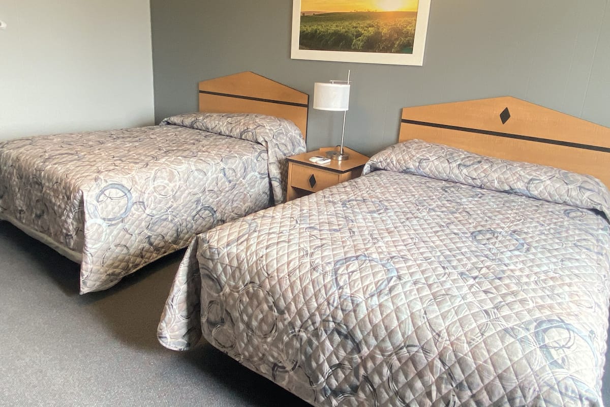 A hotel room with two beds, a nightstand, a lamp, and a painting of a sunset on the wall.