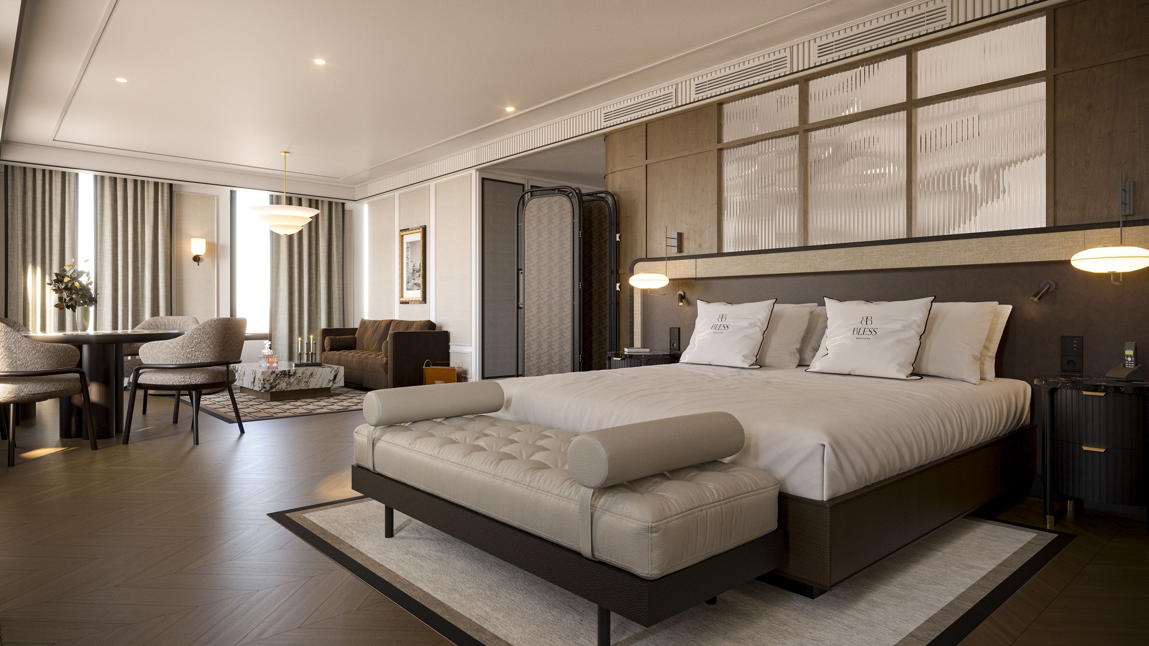 Une chambre d’hôtel moderne dotée d’un grand lit, d’un coin salon avec une table et des chaises, et offrant une vue sur l’extérieur.