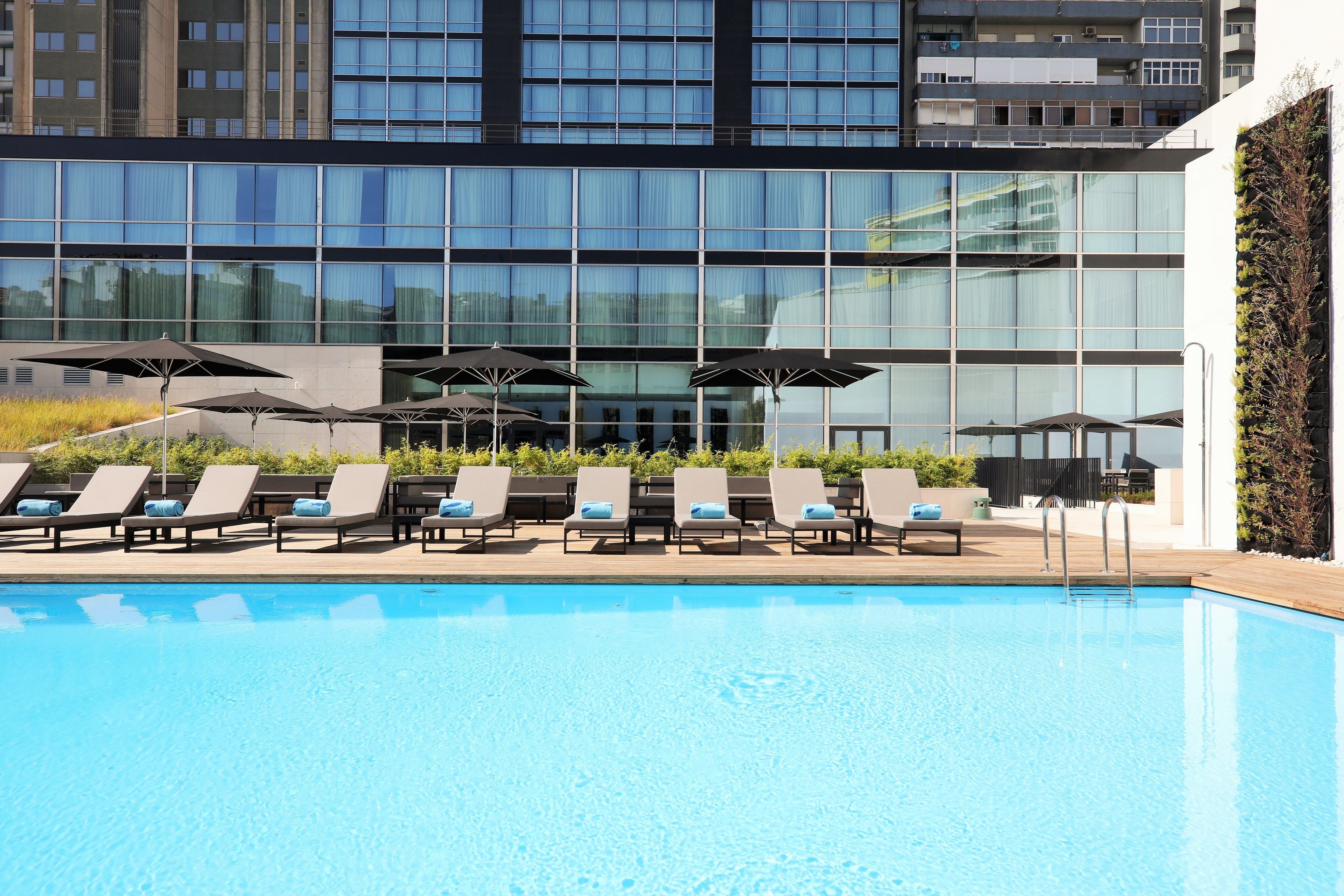 indoor pool, seasonal outdoor pool, pool loungers