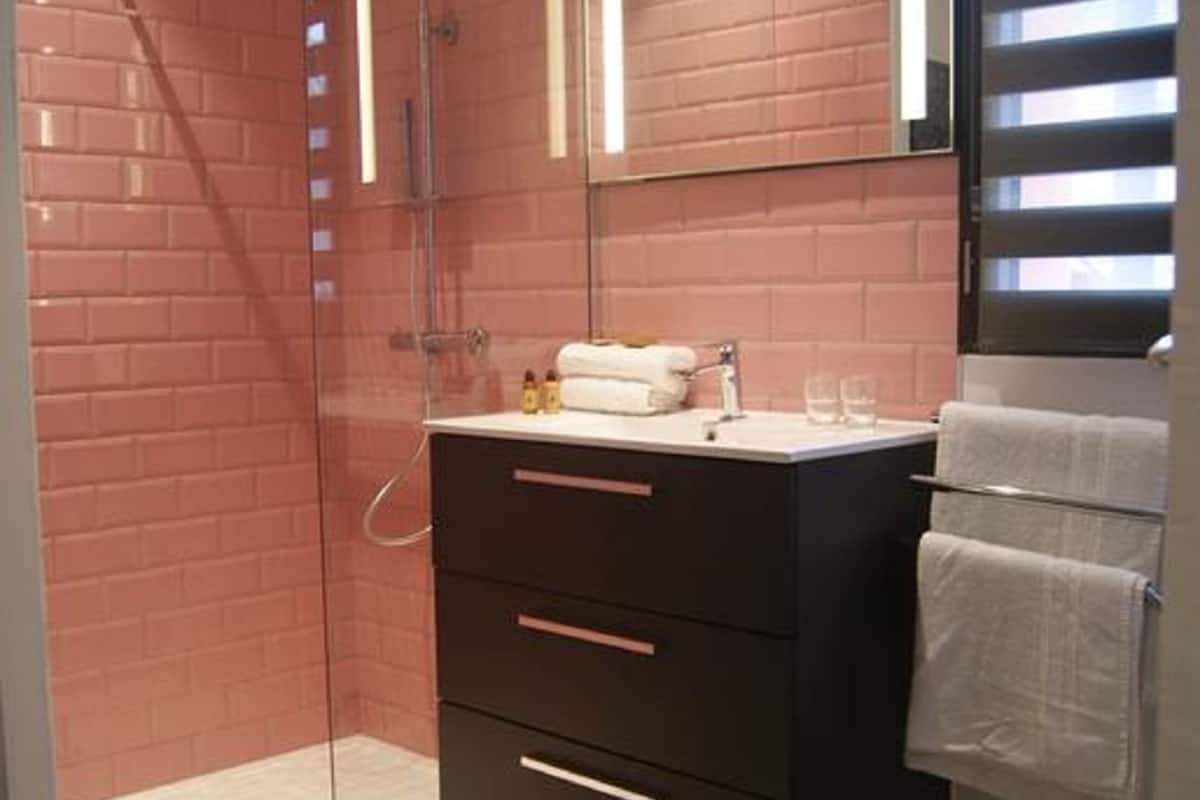 shower, free toiletries, hair dryer, towels