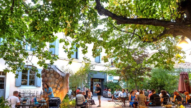 Een terras met tafels en stoelen, omgeven door bomen en gebouwen.