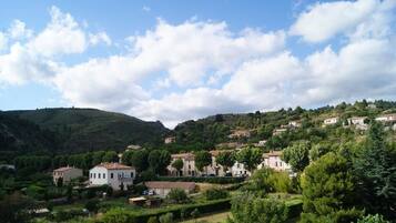 A hillside village with traditional architecture, terraced gardens, and a clear sky.