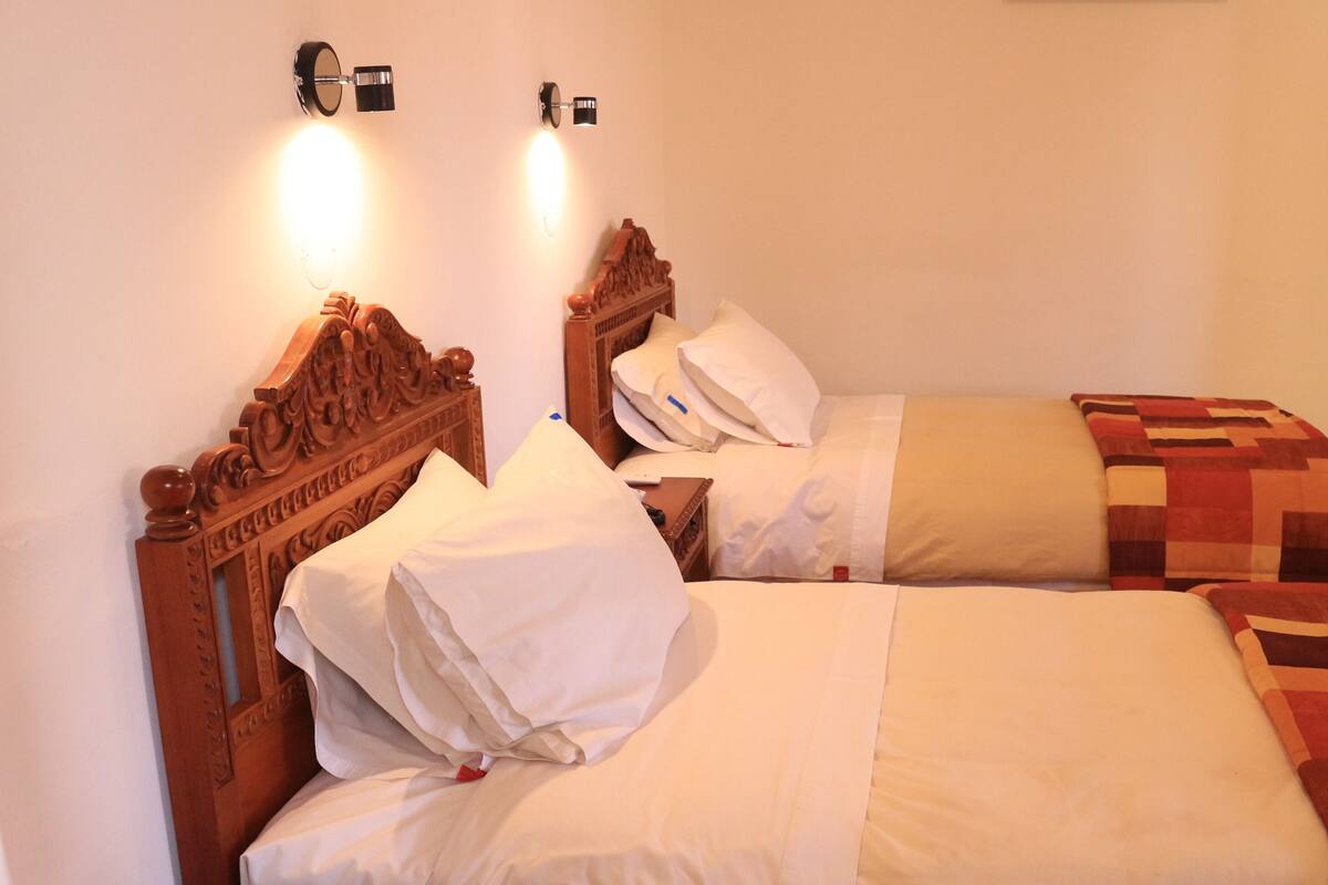 Two wooden beds with headboards, white bedding, and wall-mounted reading lamps.