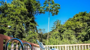 A clear blue swimming pool with a tiled deck, surrounded by a white balustrade and lush greenery. - Pousada Canto do Curió (Paraty)