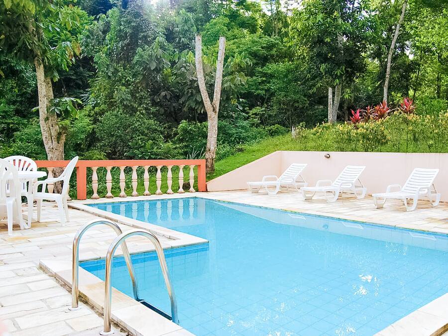 A swimming pool with a tiled deck, surrounded by lush greenery and white lounge chairs.