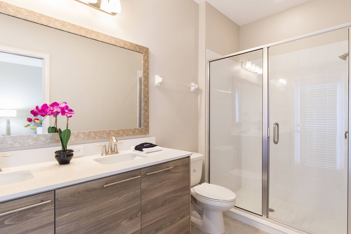 separate bathtub and shower, free toiletries, hair dryer, towels